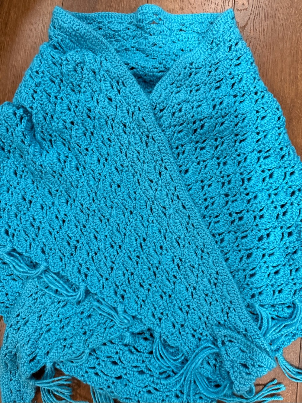 Turquoise Open-Knit Fringe Poncho Wrap - Women's Sweater Shrug